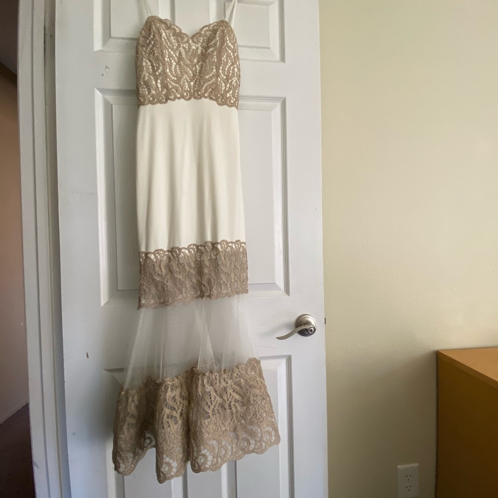 Gold and white mermaid lace sparkle evening gown